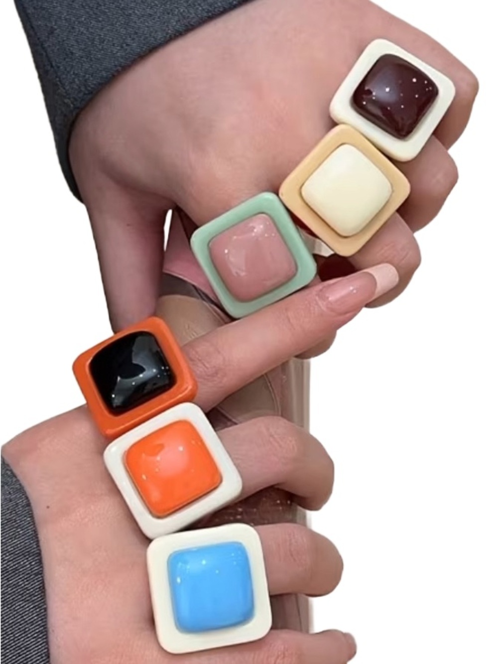 Geometric Color-Block Square Resin Candy Ring Set 6-Piece Y2K Mod Pop-Art NWOT